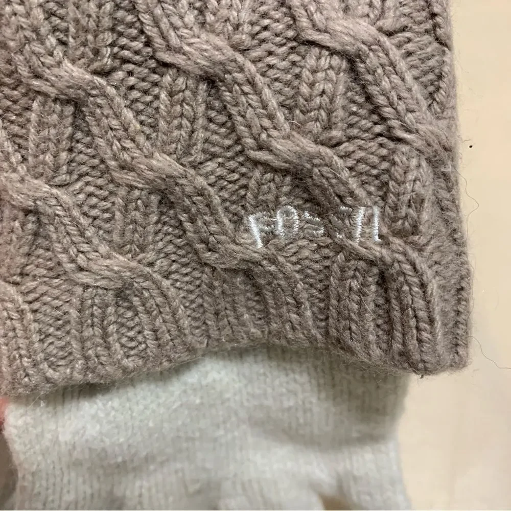 Fossil Tan & Cream Cable Knit Stretch Long Gloves Winter Fashion Dainty Womens